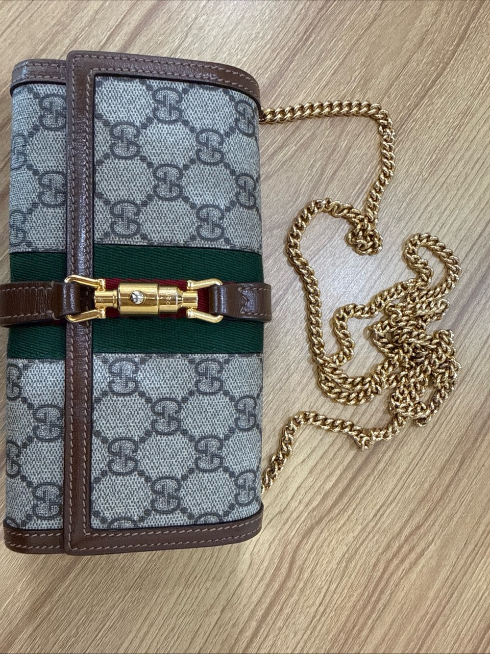 Gucci Beige GG Supreme Canvas Wallet with Green and Red Web